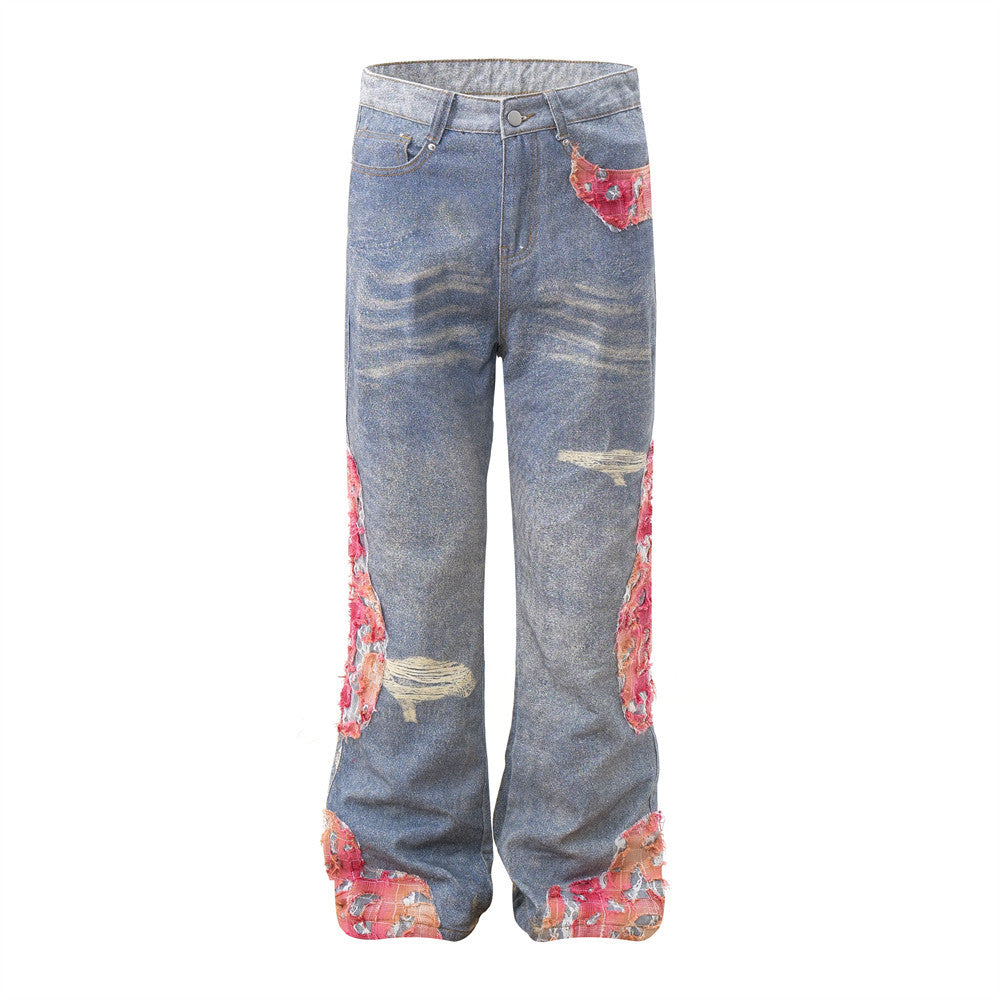 Design Color Matching Lace Denim Straight-leg Trousers Fashion