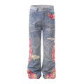 Design Color Matching Lace Denim Straight-leg Trousers Fashion