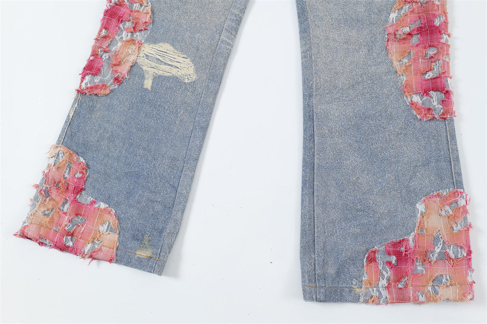 Design Color Matching Lace Denim Straight-leg Trousers Fashion