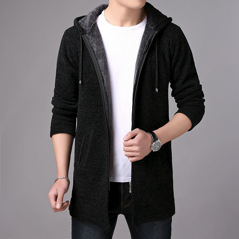 Plush Thick Men's Jacket Knitted Cardigan Windbreaker Zipper Hood
