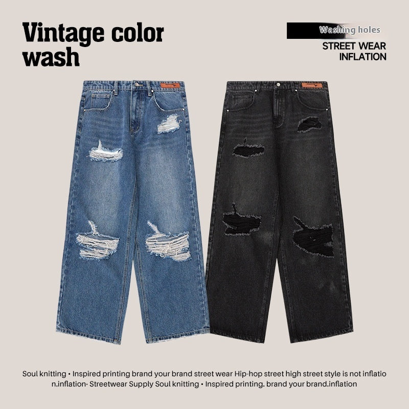 Street Men's Wear Hole Washing Water Wide-leg Jeans