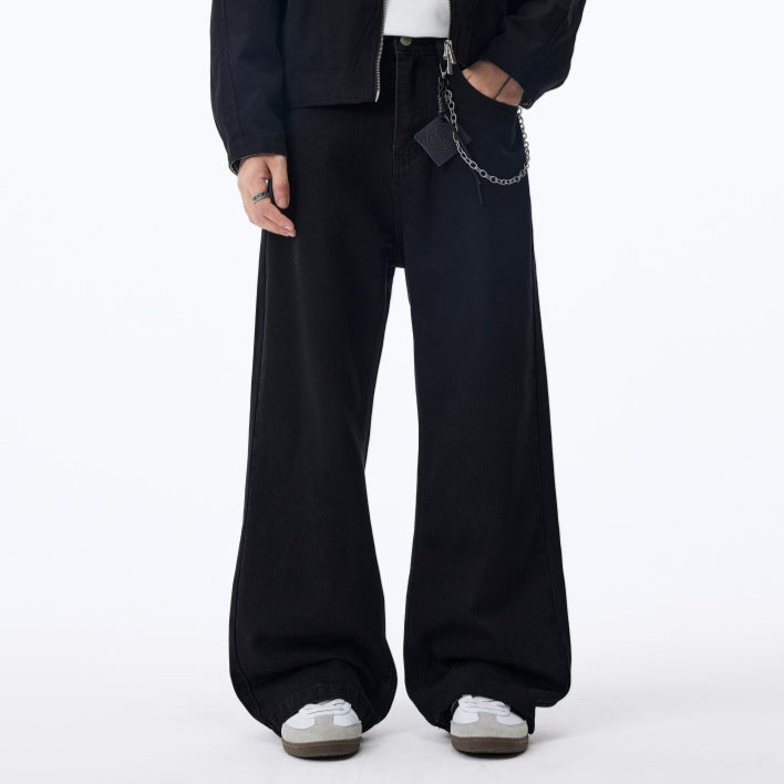 Black Straight-leg Jeans With Fleece Lining For Autumn And Winter, American-style Casual Wide-leg