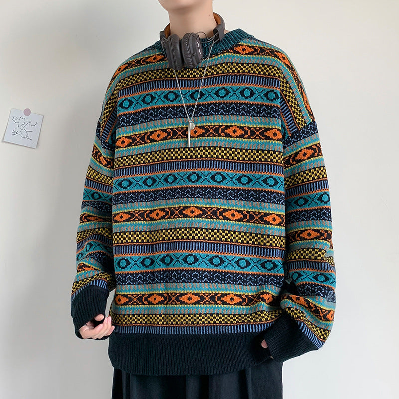 Colorblock Striped  Knit Sweater Retro Round Neck Loose Sweater