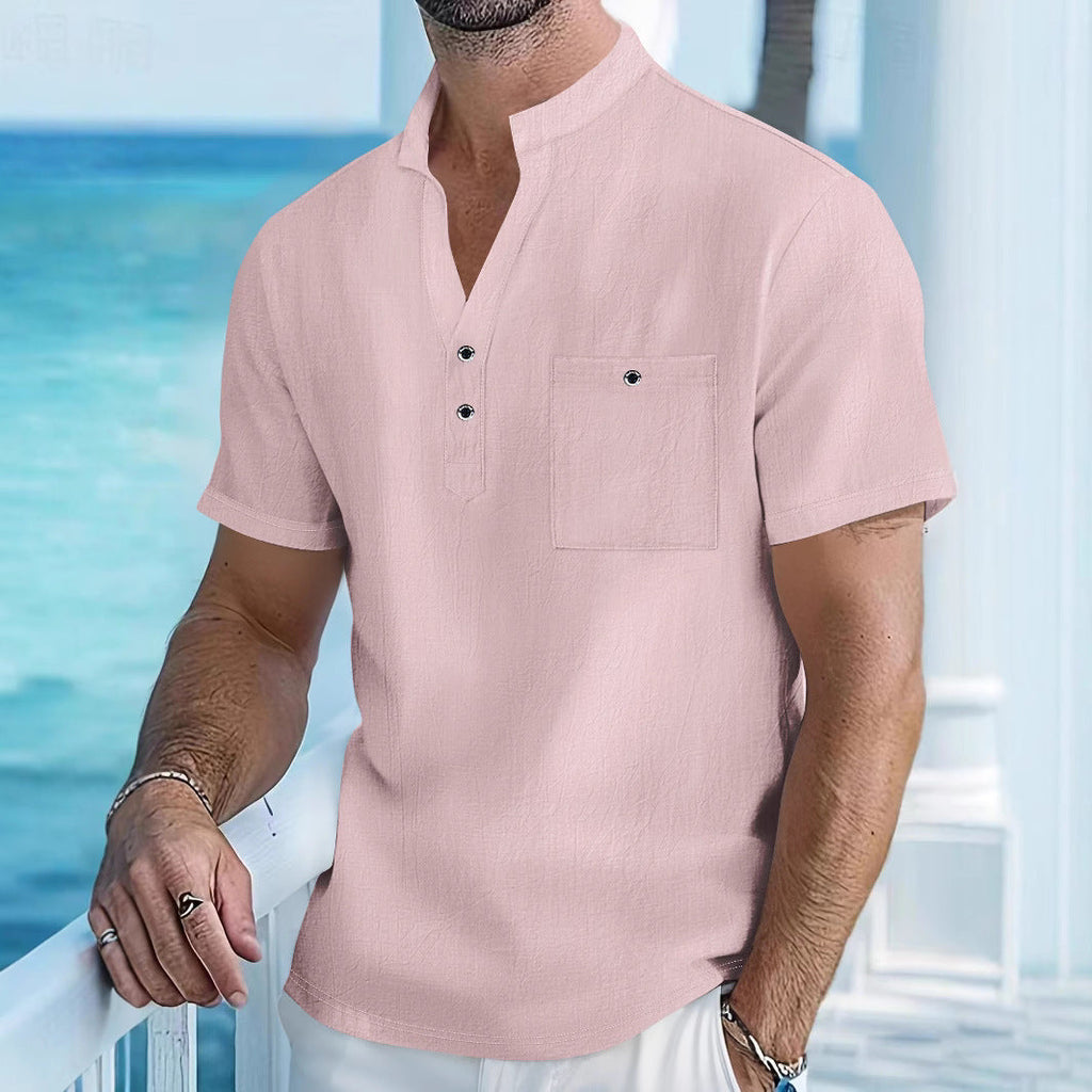 Stand Collar Linen Short Sleeve Shirt Men