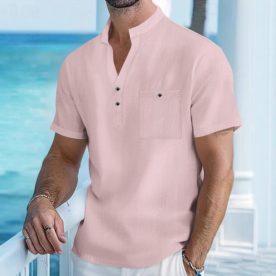 Stand Collar Linen Short Sleeve Shirt Men