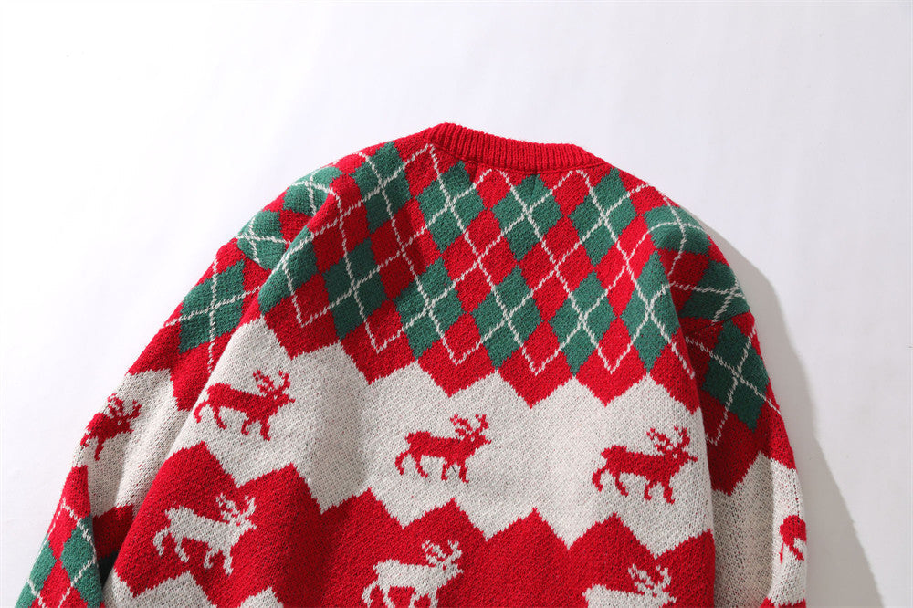Long Sleeve Rhombus Plaid Deer Knitted Sweater