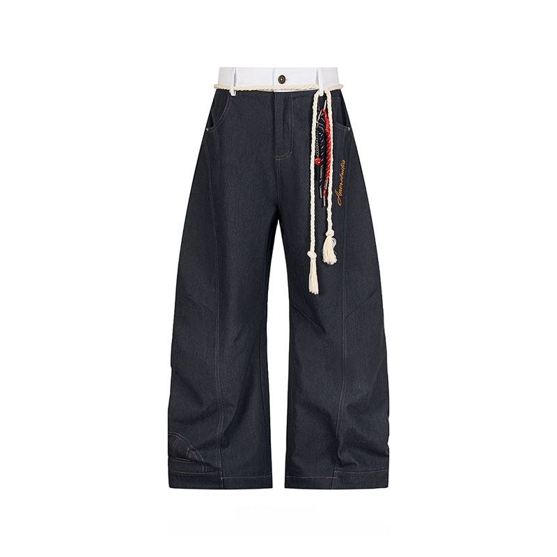 American Retro Waist Strap Stitching Double Waist Machete Design Jeans