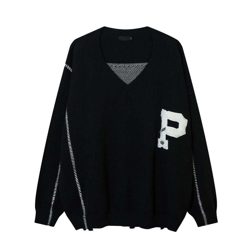 High Street Broken V-Neck Black Sweater Men