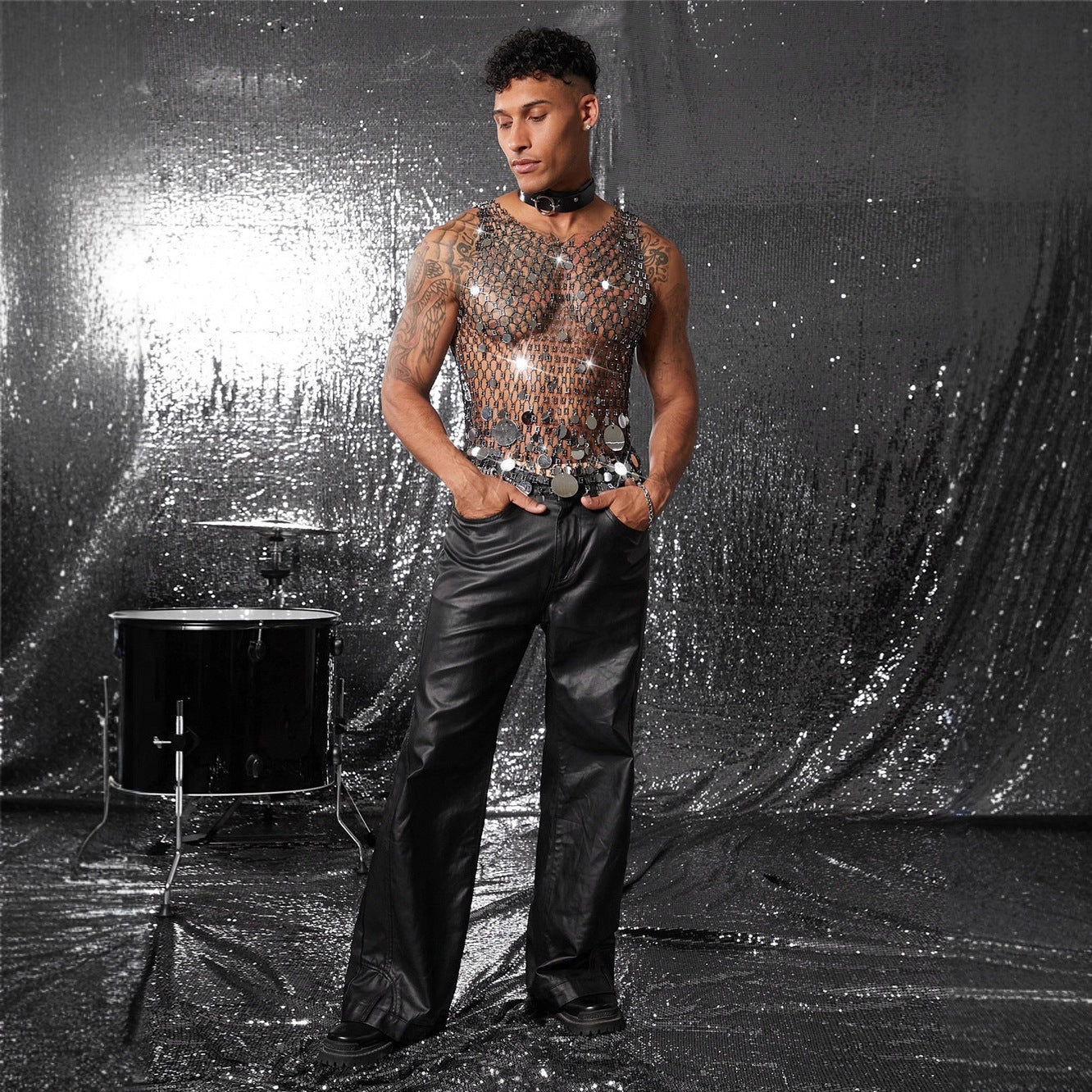 Hollow Out Sequin Mesh Outerwear Men's Top