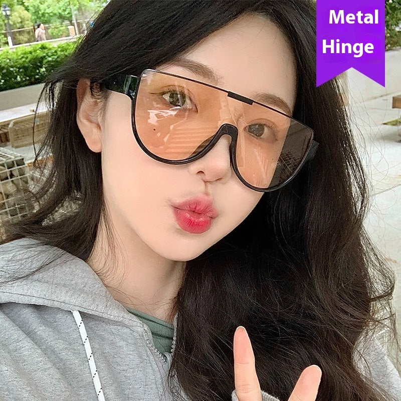 Fashion Lower Semi-rimless Brown One-piece Sunglasses Women's Mask Retro Slimming Trendy Sunglasses