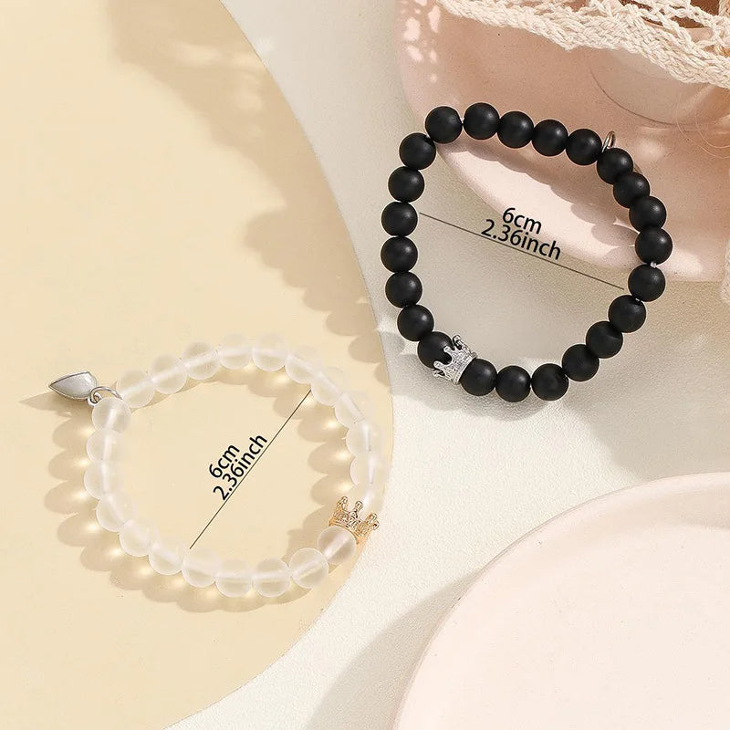 2pcs Handmade Crown Beaded Charms Bracelet Heart Glow In The Dark Couple Bracelet