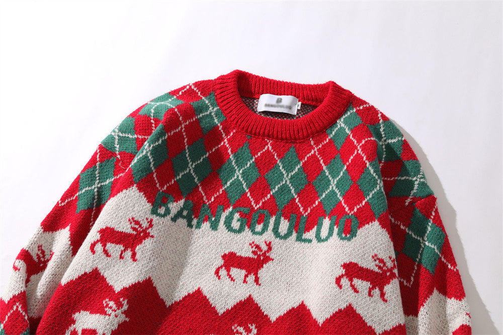 Long Sleeve Rhombus Plaid Deer Knitted Sweater