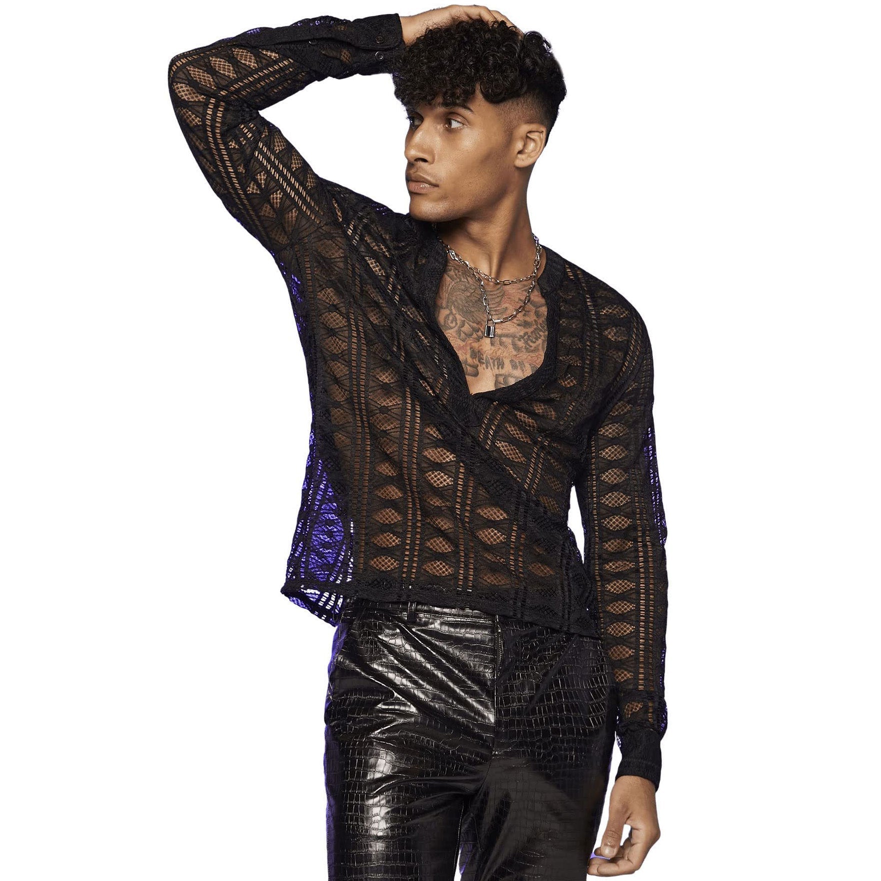 Men's Hollow Out V-neck Long Sleeve Loose-fitting Casual T-shirt Shirt