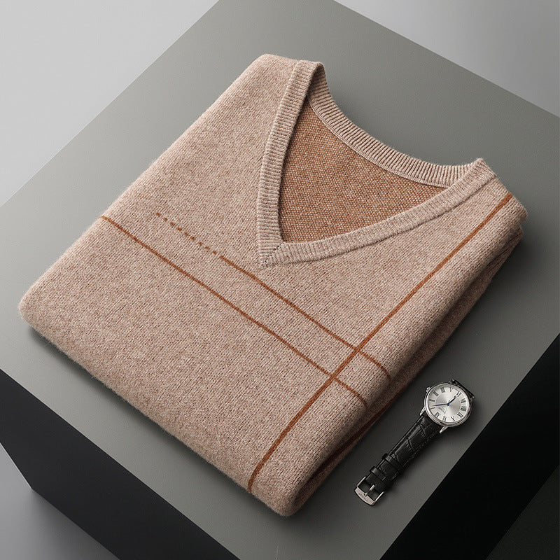 Men's Striped Pullover V-neck Knitted Sleeveless Pure Wool Top