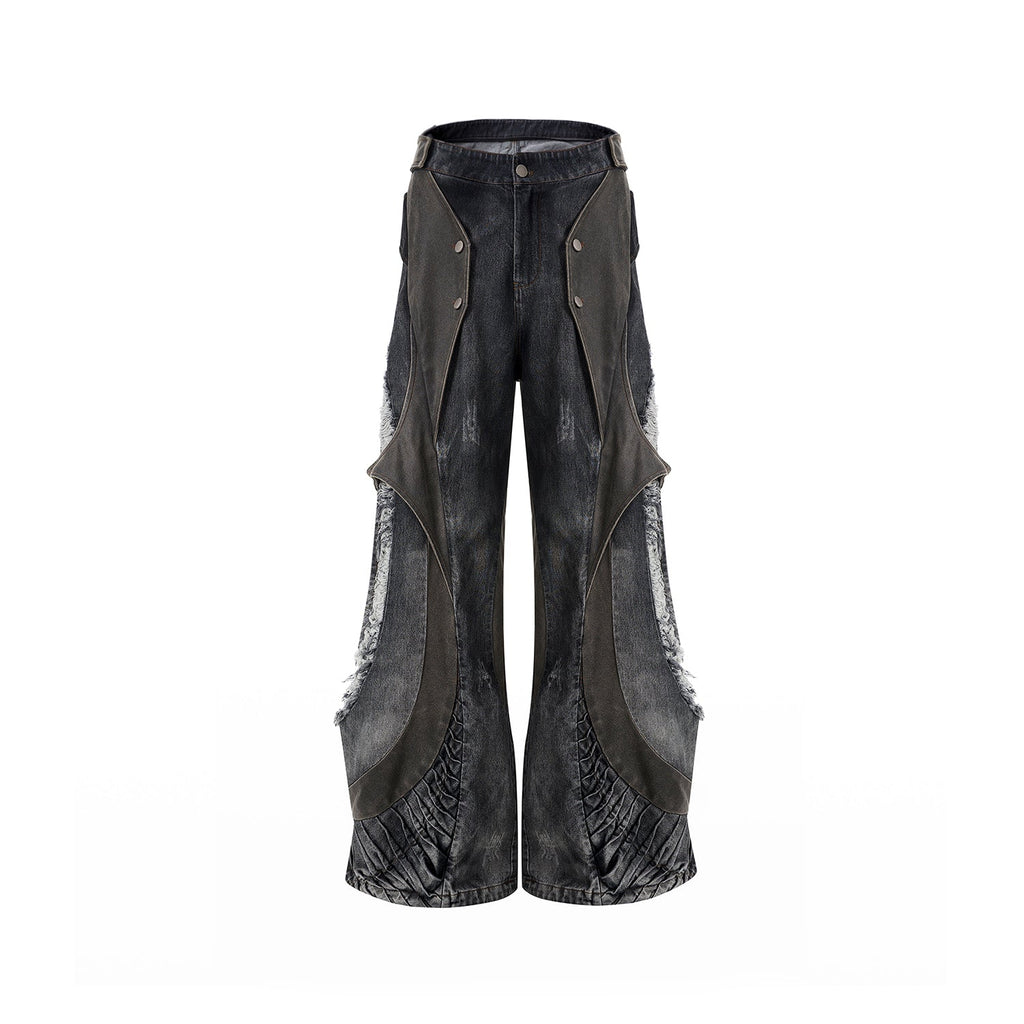 Structure Leather Patchwork Men's Summer Snake Bone Pleated Wide Leg Mop Pants
