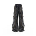 Structure Leather Patchwork Men's Summer Snake Bone Pleated Wide Leg Mop Pants