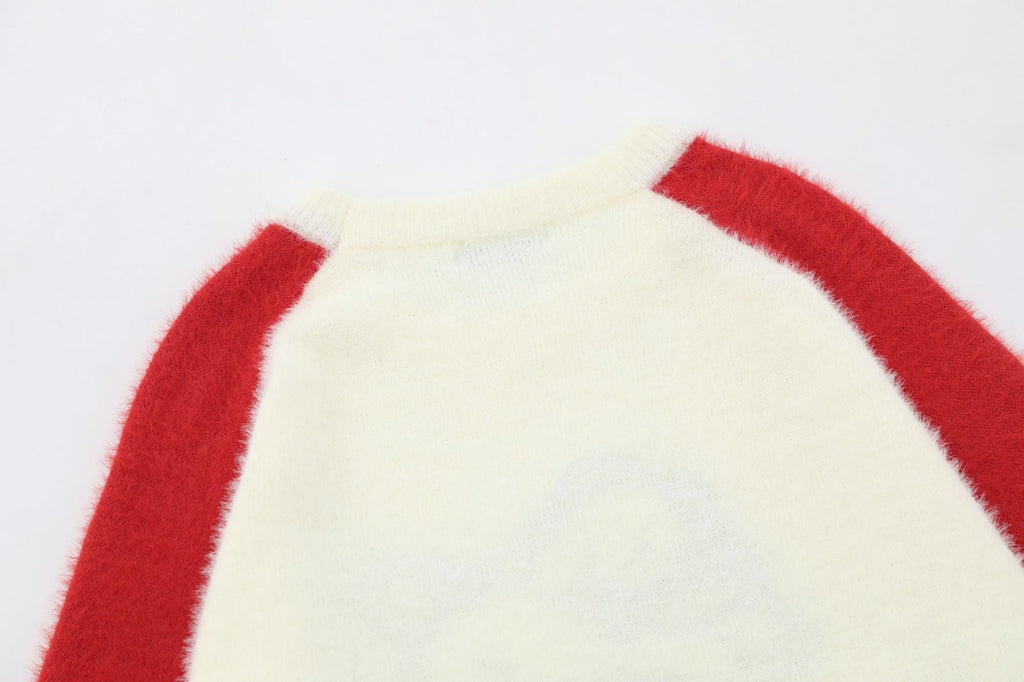 Sweet Cute Jacquard Furry Color-block Crew Neck Sweater