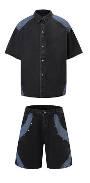 Retro Personalized Washed Short-sleeved Jeans Suit