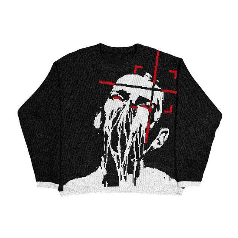 Jacquard Round Neck Loose Couple Dark Pullover Sweater