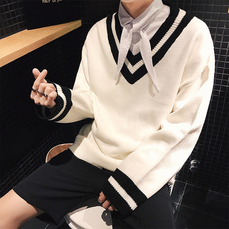 Men's big V-neck couple sweater hit color