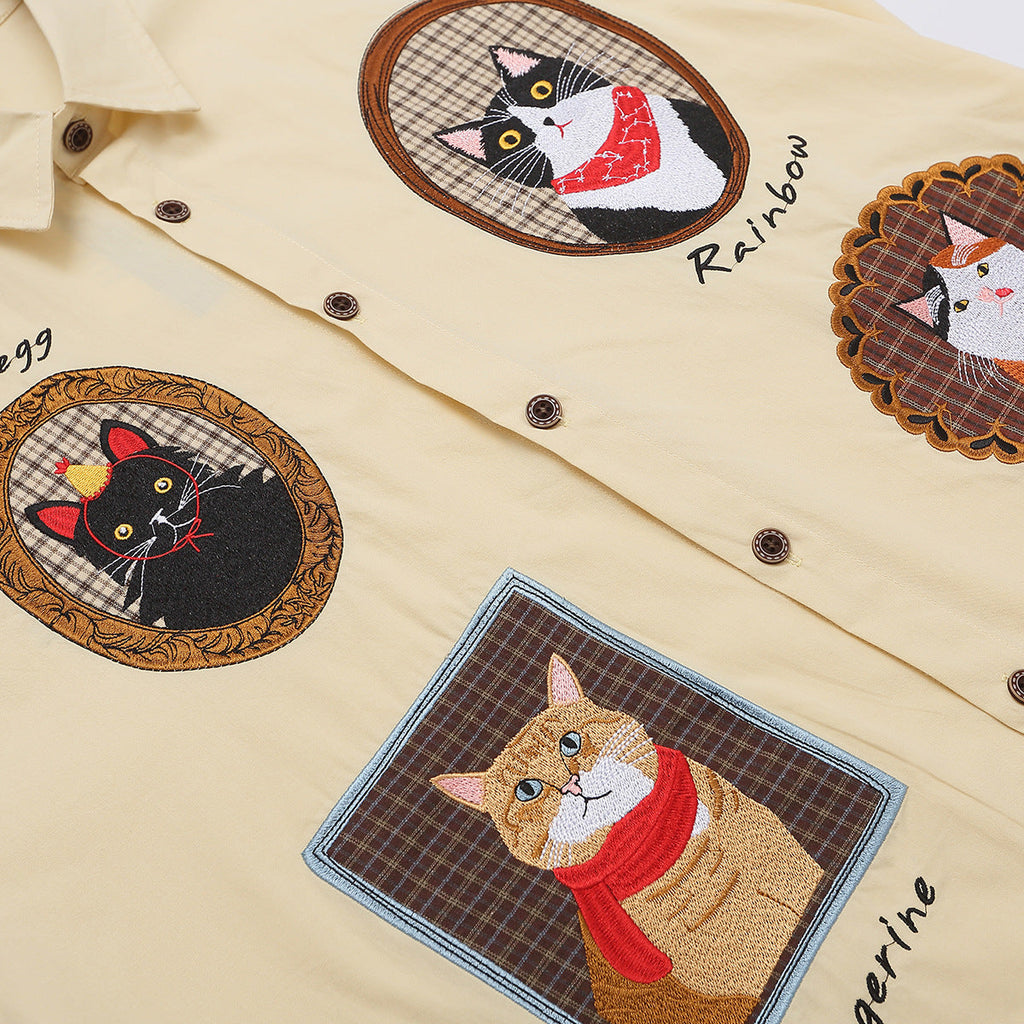 Antique Style Embroidered Cat Lazy Shirt Short Sleeve