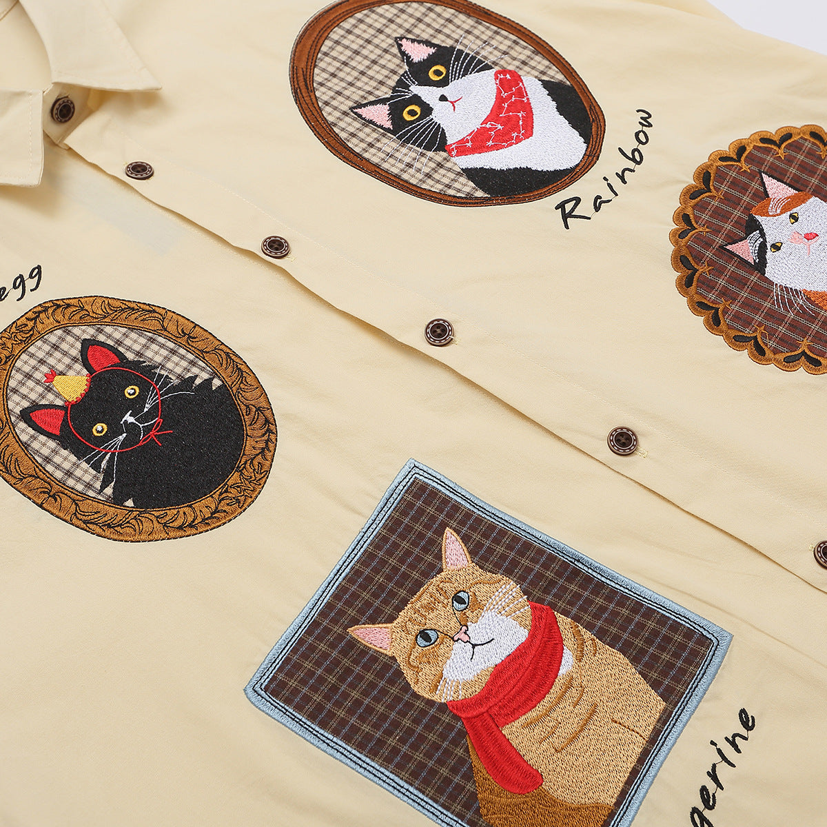 Antique Style Embroidered Cat Lazy Shirt Short Sleeve