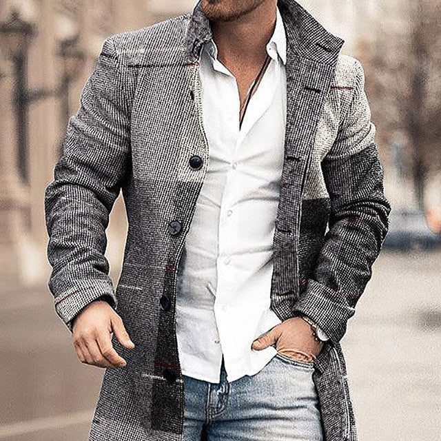 Men's Woolen Stand Collar Medium Long Pocket Casual Coat