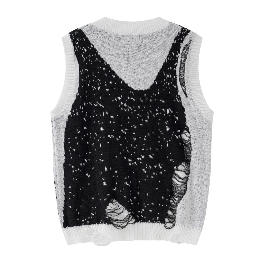 Men's Sweater Color Matching Crochet V-neck Hole Pullover Knitted Vest