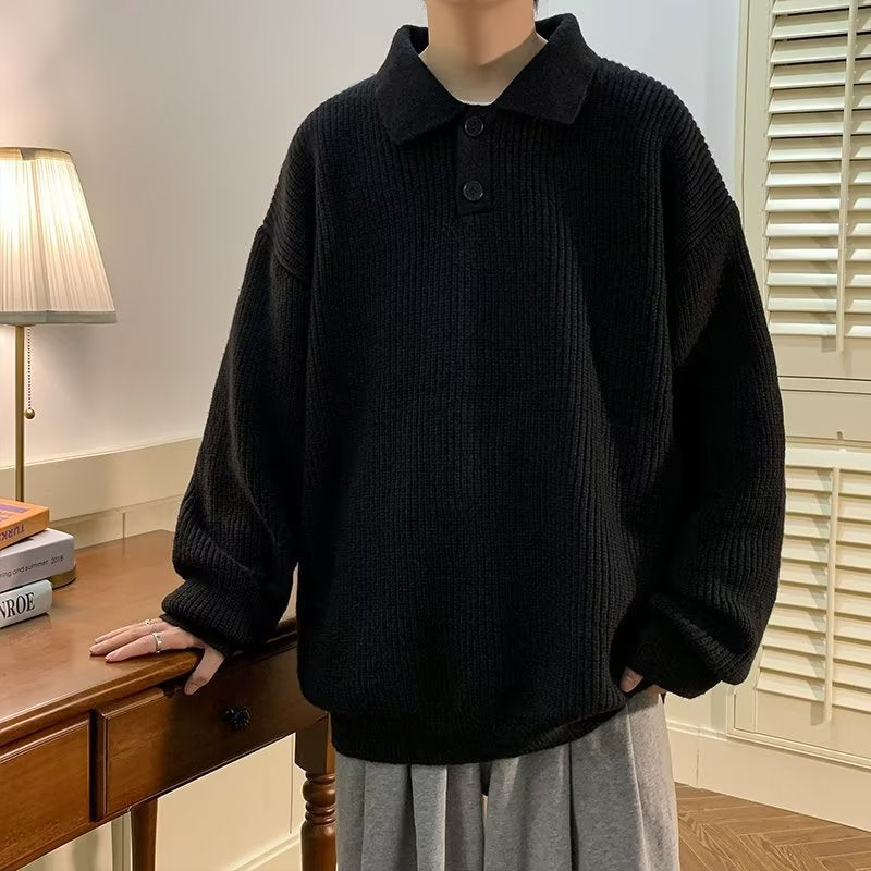 Polo Collar Sweater Men's American Retro Coffee Color High Sense Oversize Inner Sweater