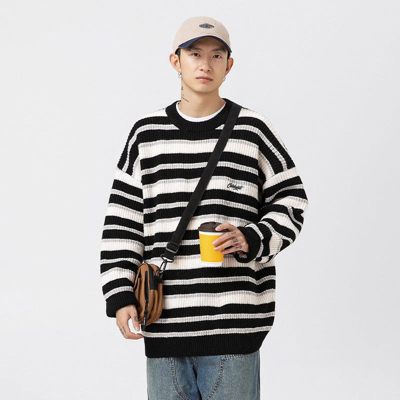 Striped Heavy Thick Needle Sweater Men's Couple Retro Contrast Color Japanese Style