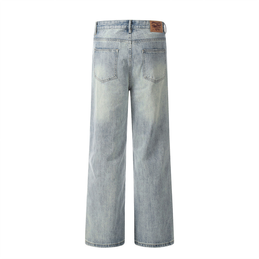 Wash Water Denim Wide-leg Straight Trousers Vintage Worn