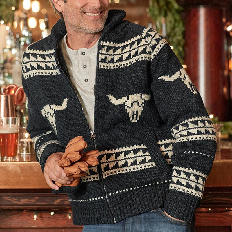 New Men's Clothing Autumn And Winter Long-sleeved Black Jacquard Sweater
