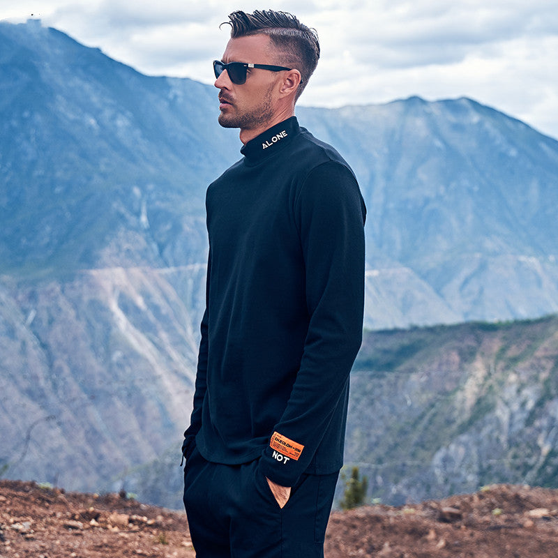Men's Long-sleeved T-shirt With Velvet Half High Collar To Keep Warm Inside
