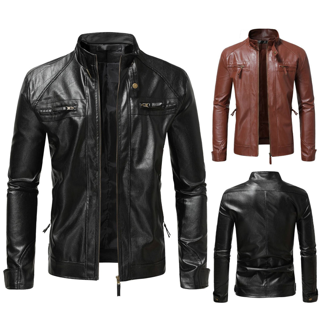 Men's Leather Coat Stand Collar Double Zipper