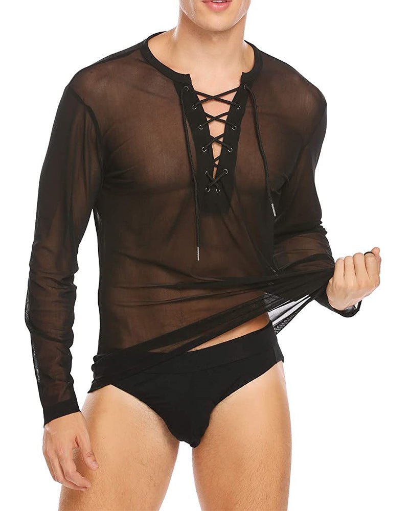 Men's Solid Color Fashion Tulle Lace Up T-shirt