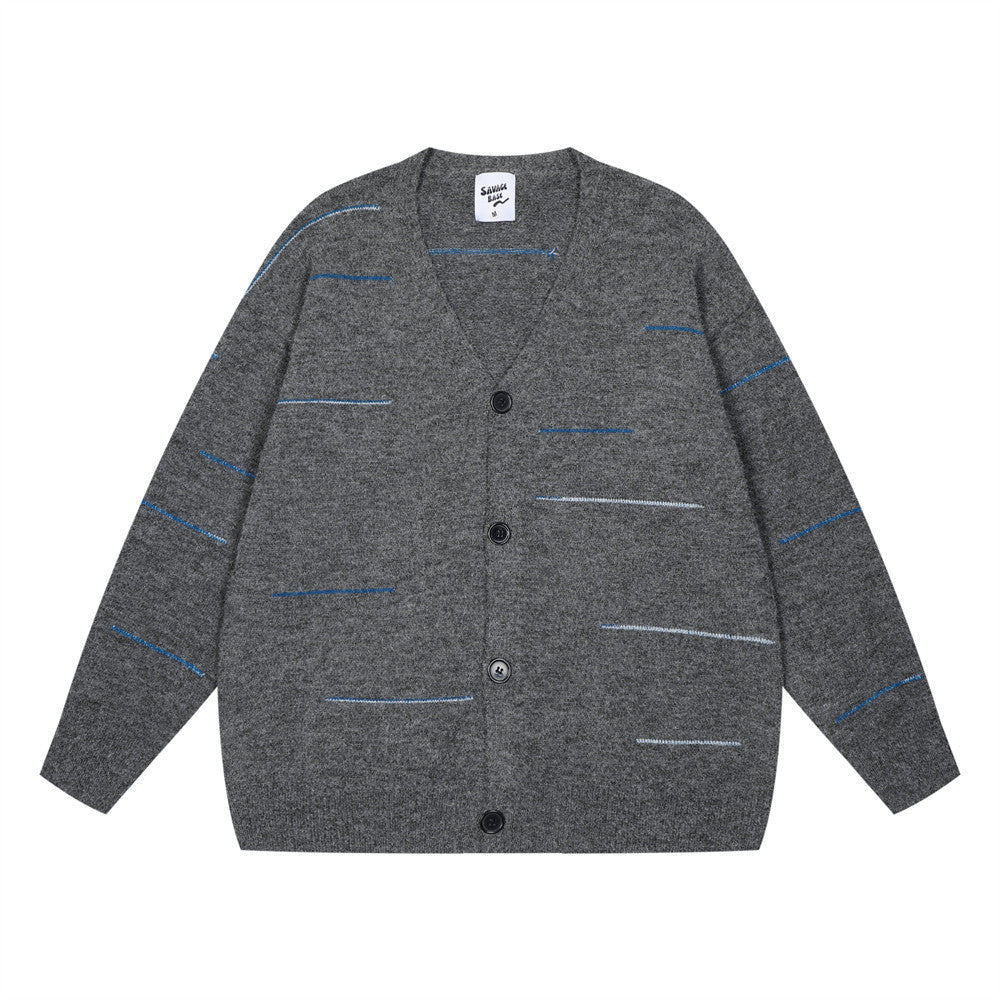 Line Knitted Cardigan Men's Sweater