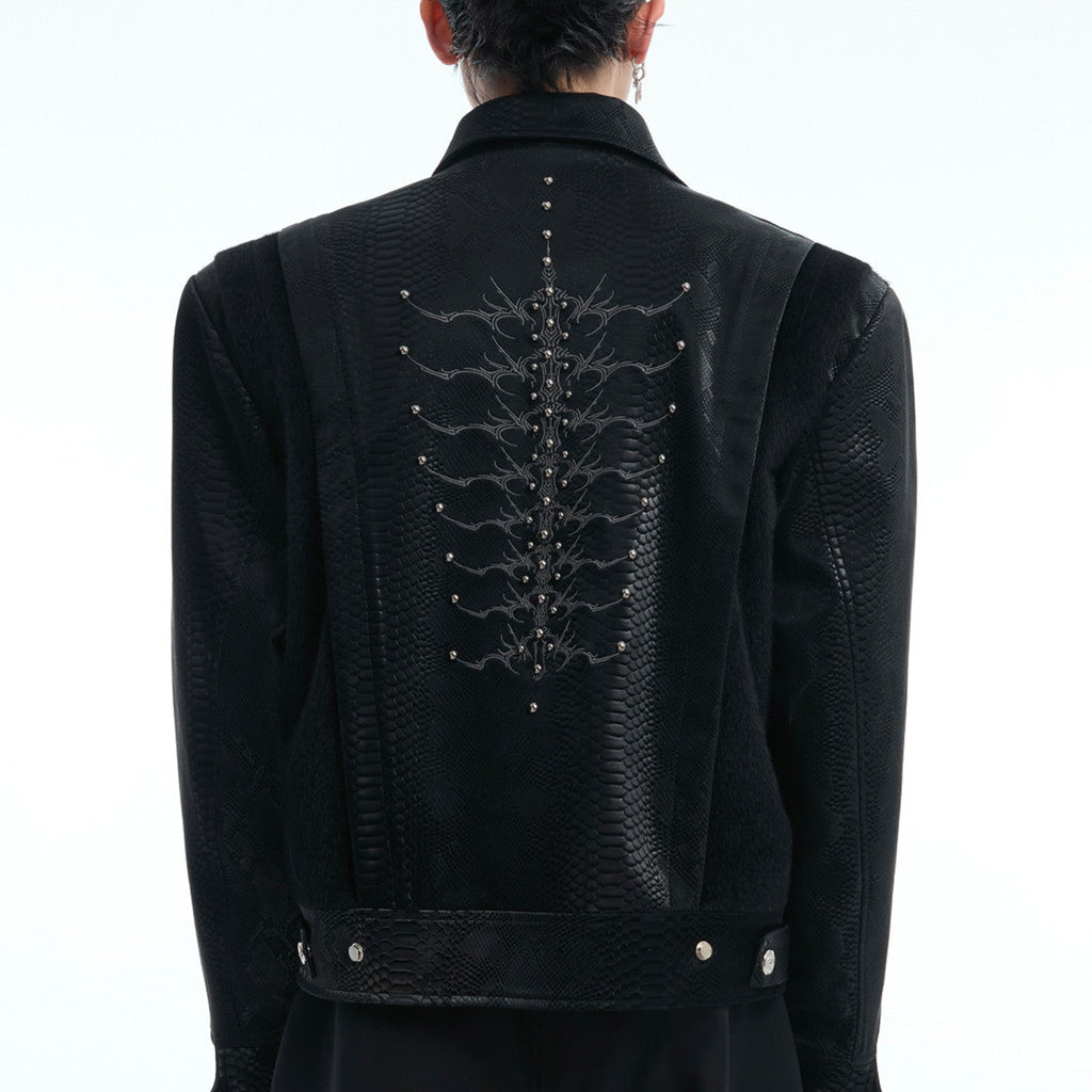 Niche Pattern Snakeskin Stitching Jacket Rivet Embroidery PU Leather Coat