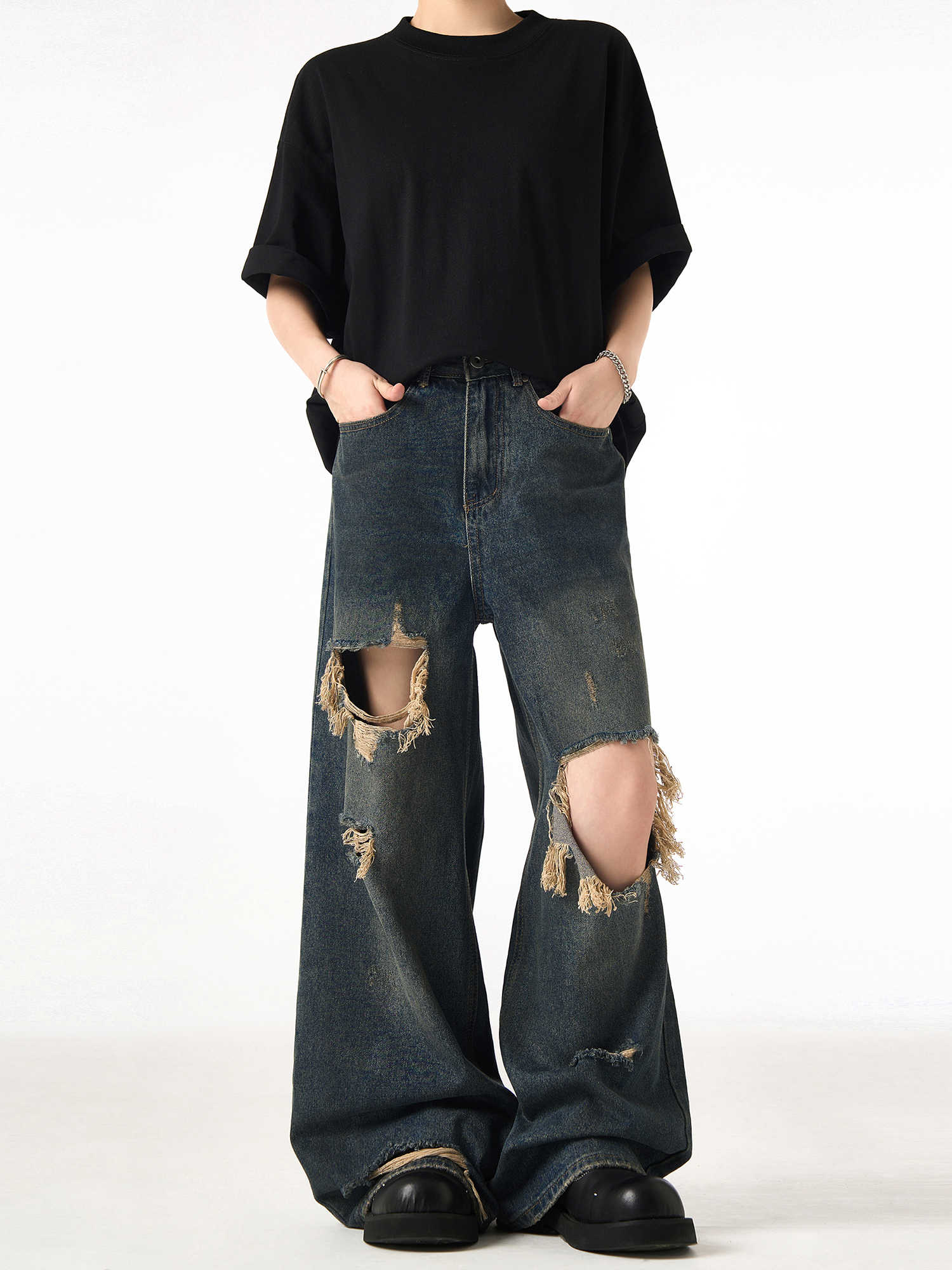 Couple Hole Worn Jeans Wide-leg Pants