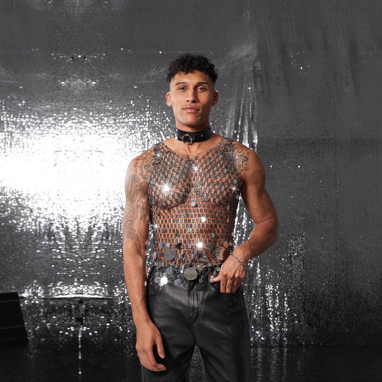 Hollow Out Sequin Mesh Outerwear Men's Top
