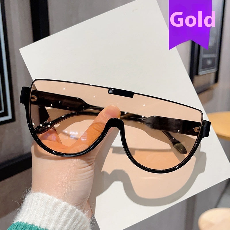 Fashion Lower Semi-rimless Brown One-piece Sunglasses Women's Mask Retro Slimming Trendy Sunglasses