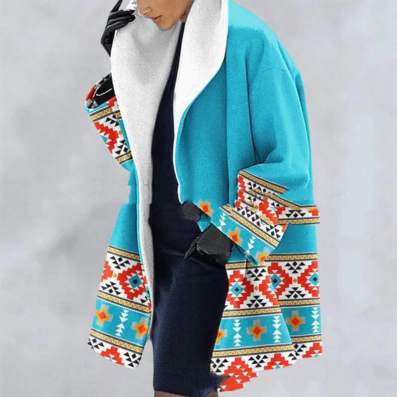 Thick Woolen Print Hooded Loose Medium Length Coat