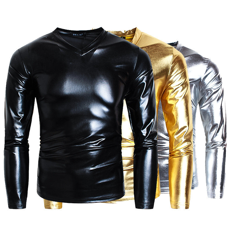 Men's Fashionable V-neck Glossy Long-sleeve Base Shirt Performance Outfit