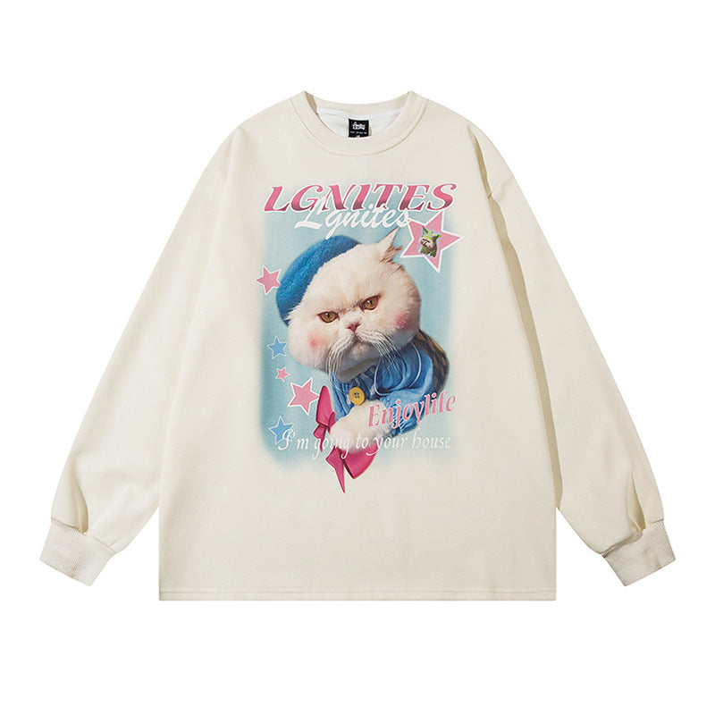Men's Cartoon Cat Printing Couple Loose Long-sleeved Sweater Sweatshirt Men's Coat
