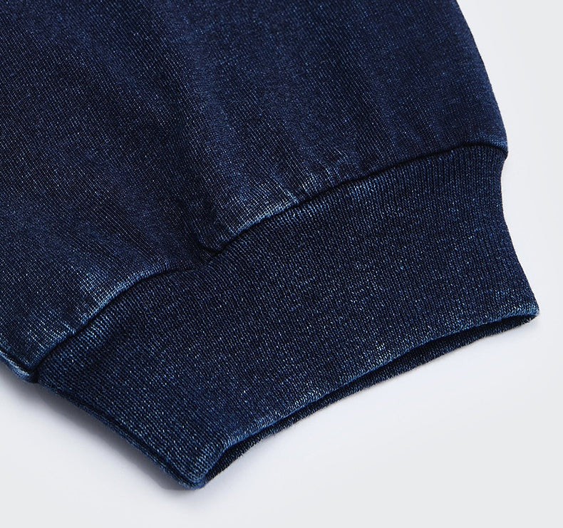 Men's Blue Dyed Knitted Denim Long Sleeve T-shirt Pocket Decoration Wash Water Top
