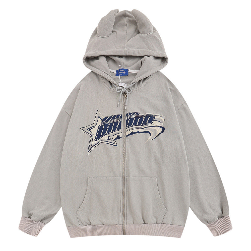 High Street Loose Spring And Autumn Patch Letter Embroidery Cardigan Sweater Hoodie