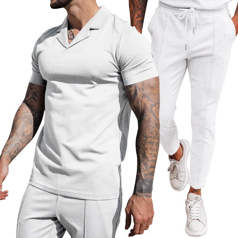 V Neck Casual Lapel Shirt Men's Short Sleeve Pants Suit