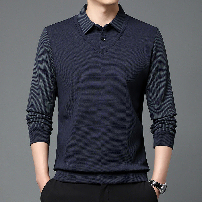 Business Casual Men's Clothing Fake Two-piece Striped Sleeve T-shirt
