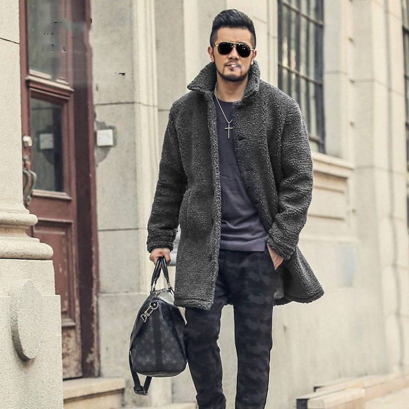 Cotton-padded Mid-length Faux Leather Lamb coat