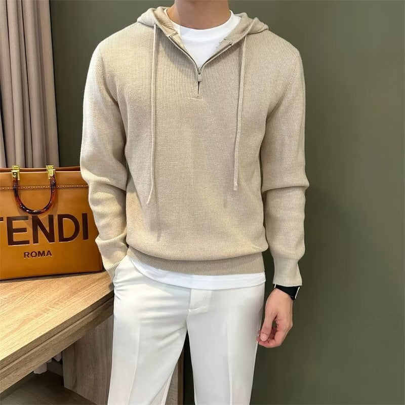 Solid Color Men's Half Zipper Hooded Sweater