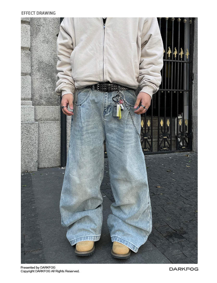 American-style Side Double-oblique Pleated Washed Wide-leg Jeans